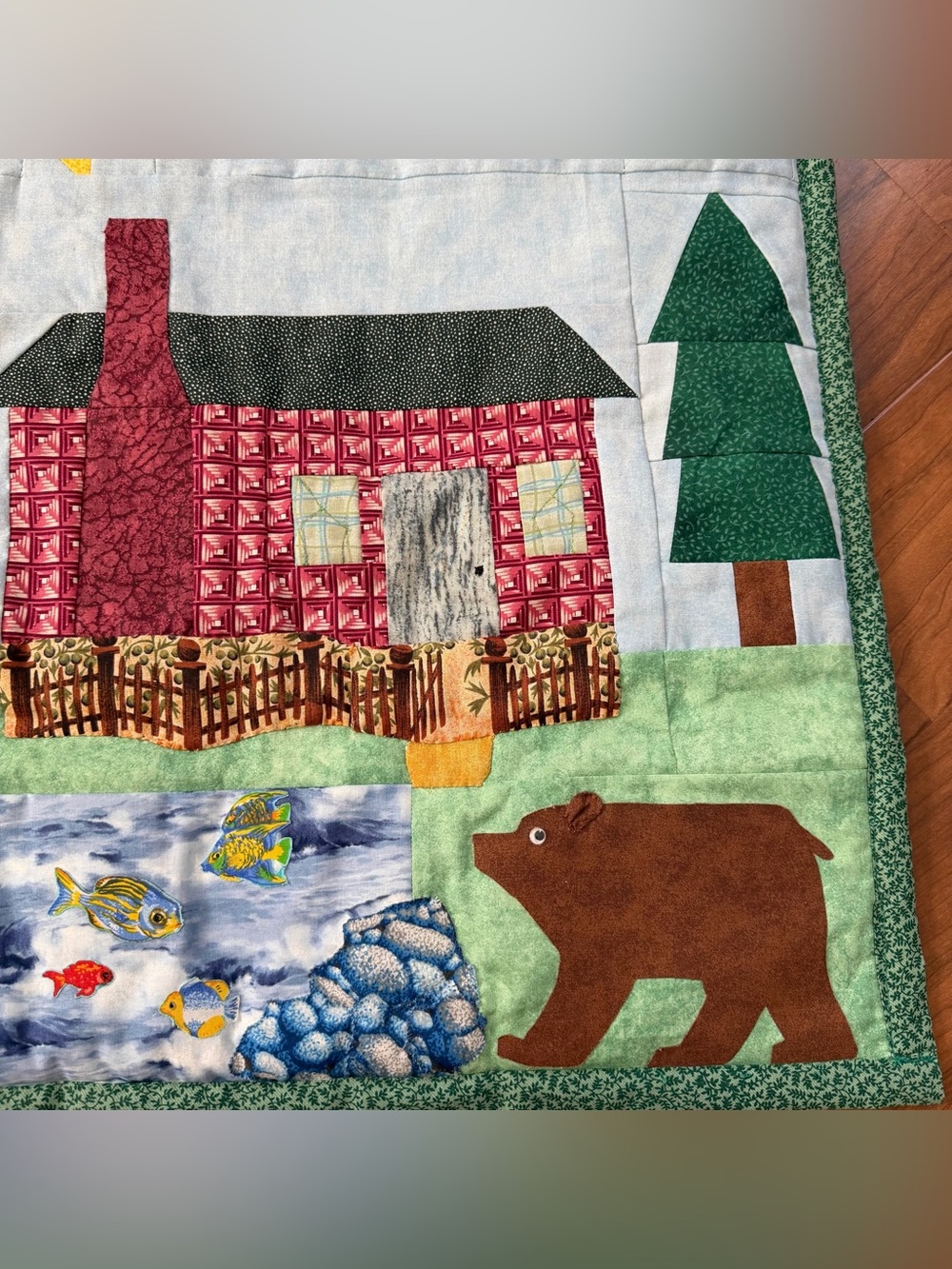 Wall Hanging Quilt Throw Country Cabin Bear Fish‎ Lodge Pine Trees Moon 24”x 24” - Picture 7 of 11